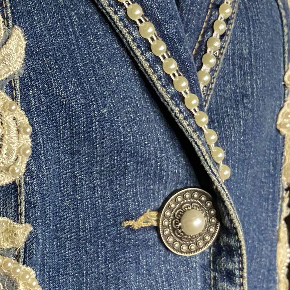 Upcycled Embellished Handstitched Bridal Vintage Lace Demin Jacket/Blazer S/M - Picture 8 of 14